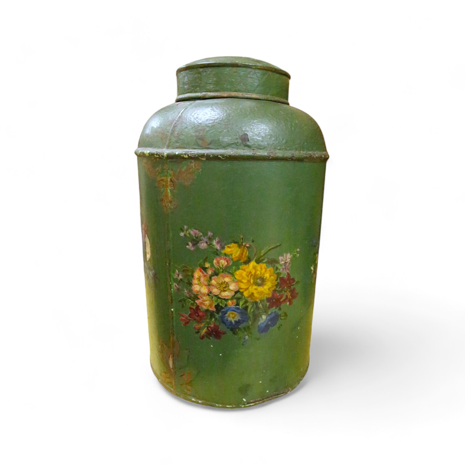 A green toleware floral decorated tea canister, 42cm high. Condition - poor, many chips to surface paint